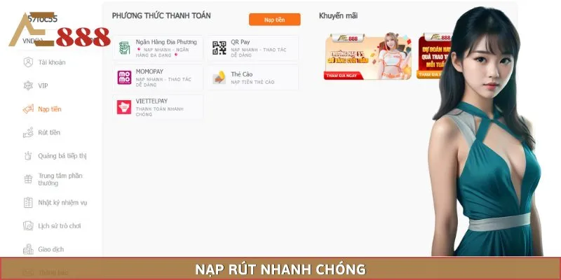Giao dịch nạp rút tại đây luôn diễn ra nhanh chóng, siêu tốc độ